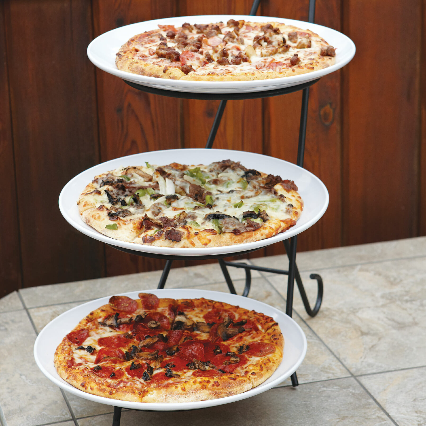 Tabletop Black Metal Pizza Pan Riser Stands, Food Platter Tray
